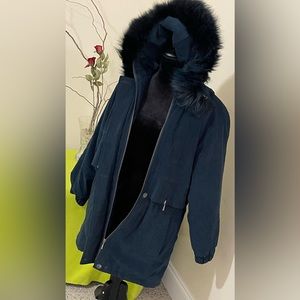 Teal lined removable hooded heavy jacket